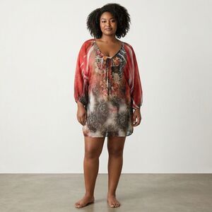 Swimsuit Cover Up Dress Floral Red Multicolor Sheer Swim Cover-Up Tunic V Neck L